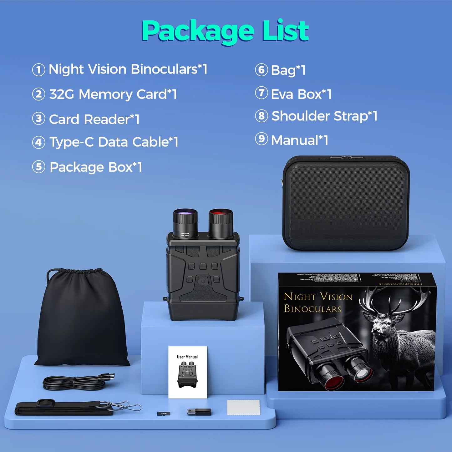 Night Vision Goggles, 10X Digital Night Vision Binoculars, 7 Level Infrared Binoculars, 32GB HD Photo and Video Type-C Rechargeable